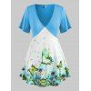 T-shirt Plongeant à Papillon Floral à Manches Courtes Grande Taille - Bleu clair 2X