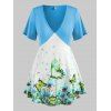 T-shirt Plongeant à Papillon Floral à Manches Courtes Grande Taille - Bleu clair 5X
