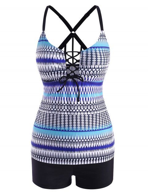 Lace Up Front Strappy Back Printed Tankini Swimwear
