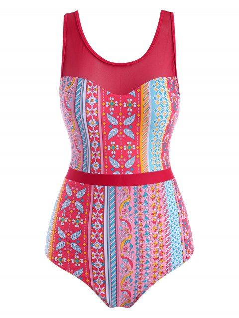 Lace Up Back Mesh Panel Ethnic Printed One-piece Swimsuit