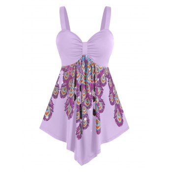 

Plus Size Peacock Feather Knot Uneven Hem Tank Top, Light purple