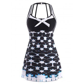 

Strappy Back Tie Dye Stripes Panel Tankini Swimwear, Black