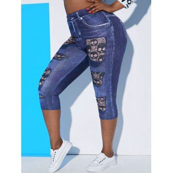 

Plus Size 3D Skull Jean Print Cropped Jeggings, Blue