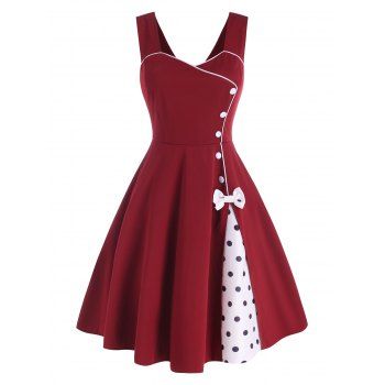 

Polka Dot Bowknot Mock Button Slit Dress, Red