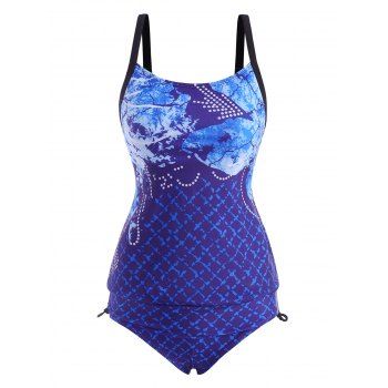 

Cinched Side Floral Dotted Checked Tankini Swimwear, Deep blue