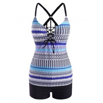 

Lace Up Front Strappy Back Printed Tankini Swimwear, Multicolor