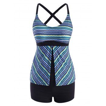 

Criss Cross Back Wavy Mermaid Scales Print Tankini Swimwear, Blue