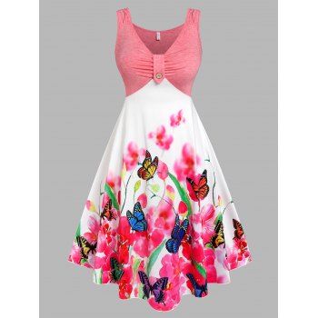 

Plus Size Ruched Butterfly Floral Print Dress, Light pink