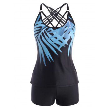 

Strappy Back Leaves Print Tankini Swimwear, Light blue