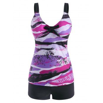 

Camo Printed Stripes Bowknot Tankini Swimwear, Purple