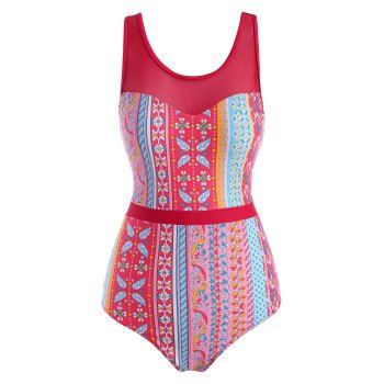 

Lace Up Back Mesh Panel Ethnic Printed One-piece Swimsuit, Red