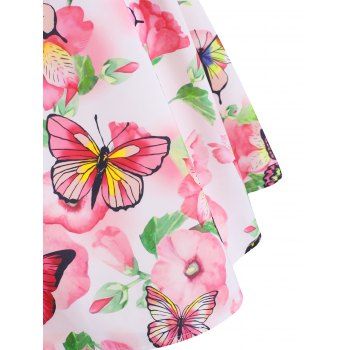 Flower Butterfly Print Criss Cross Mock Button Dress