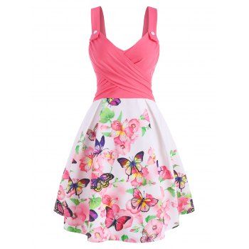 

Summer Butterfly Flower Print Crossover High Waisted A Line Sundress, Light pink