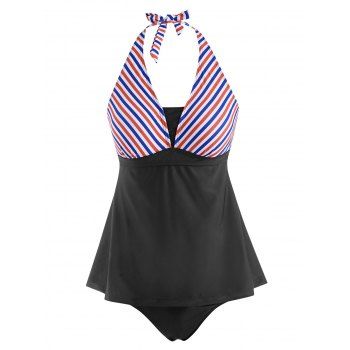 

Skirted Halter Mixed Stripes Panel Tankini Swimwear, Black