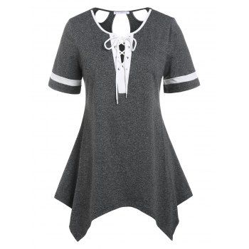 

Plus Size Lace Up Cutout Handkerchief Tee, Dark gray