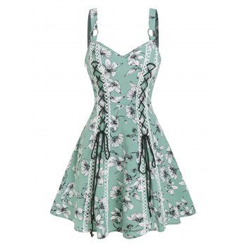 

Sleeveless Flower Print Lace-up Dress, Light green