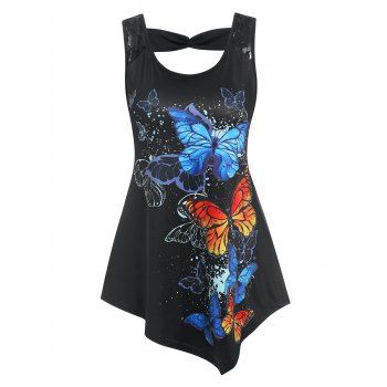 

Butterflies Print Lace Panel Asymmetric Tank Top, Black