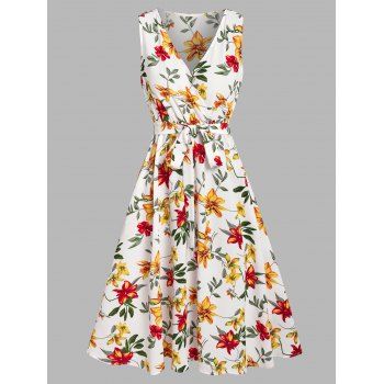 

Vacation Sleeveless Allover Flower Print Belted Midi Dress, White
