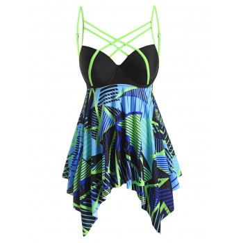 

Plus Size Lattice Geo Print Binding Underwire Tankini Swimwear, Black