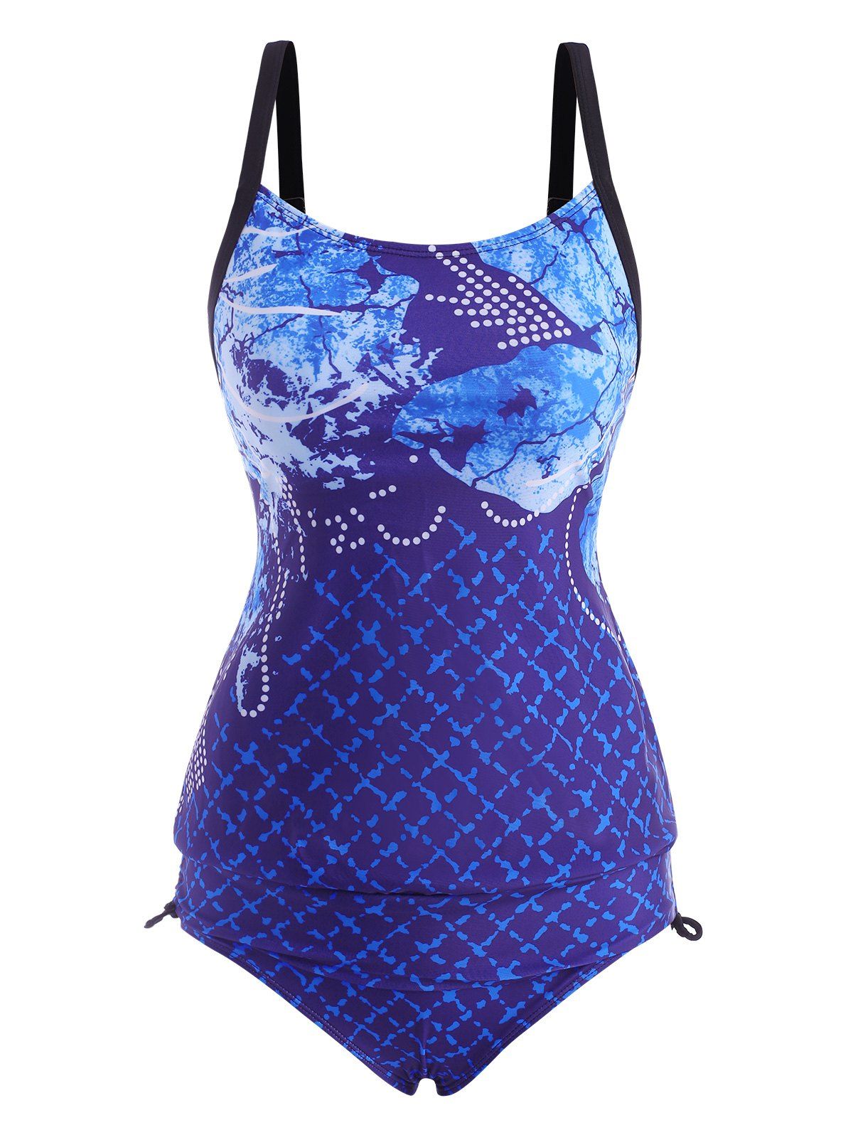 Cinched Side Floral Dotted Checked Tankini Swimwear - DEEP BLUE XL