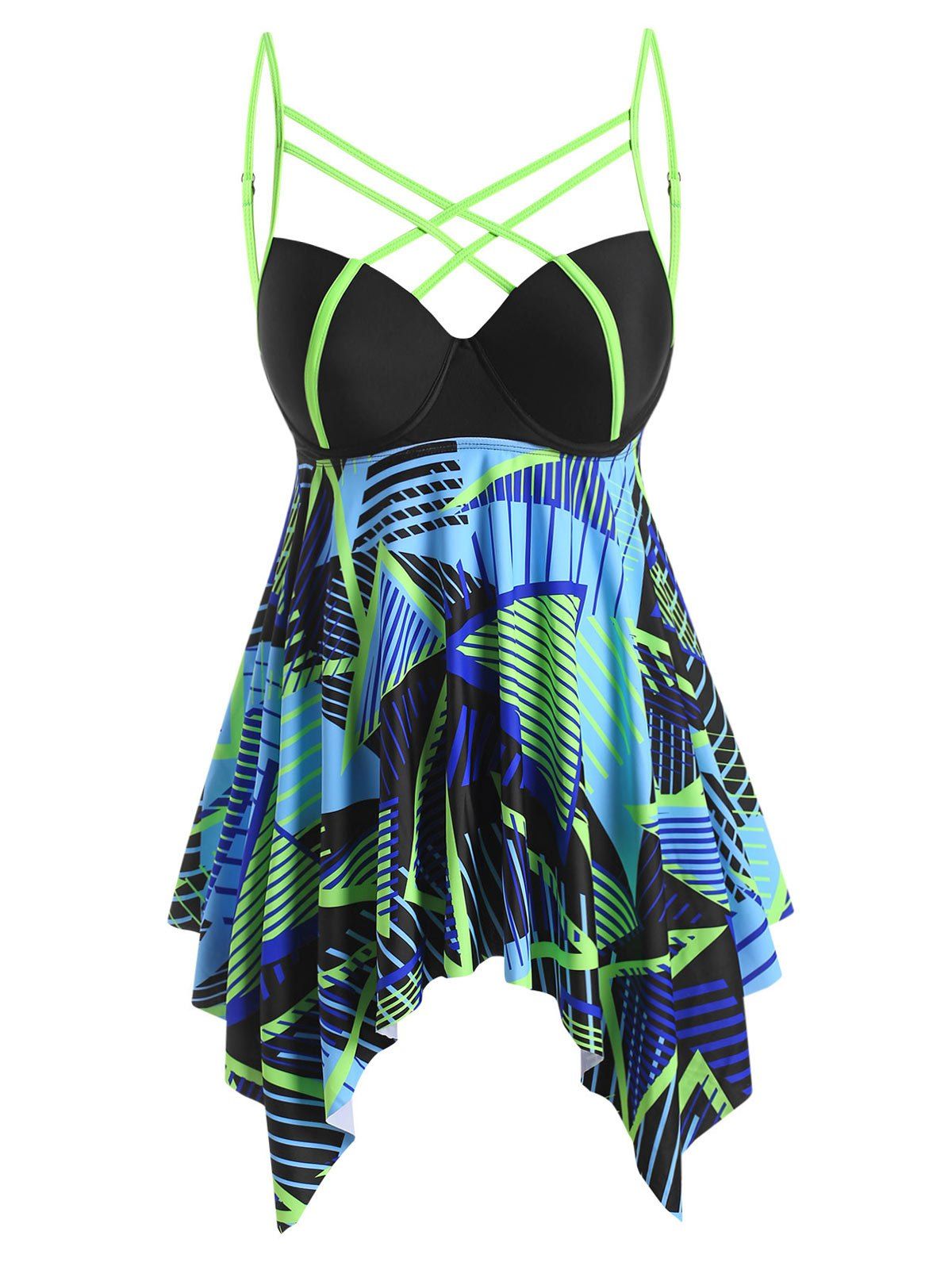 Plus Size Lattice Geo Print Binding Underwire Tankini Swimwear - BLACK L