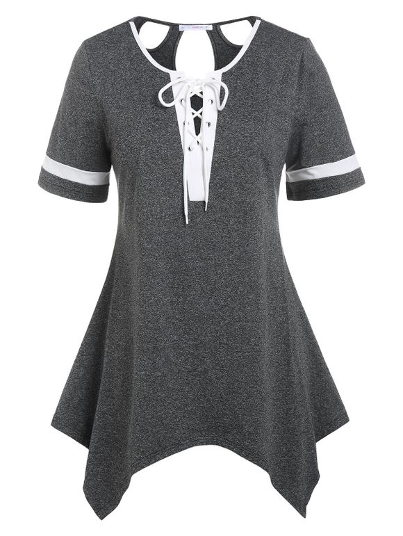 T-shirt Mouchoir Découpé de Grande Taille à Lacets - Gris Foncé 5X