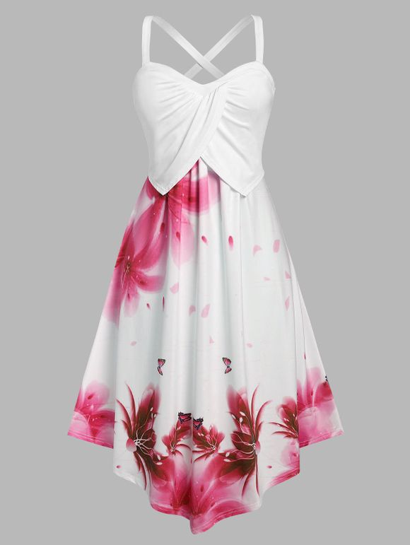 Robe Mi-Longue Superposée à Imprimé Fleur de Grande Taille - Rouge L