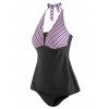 Skirted Halter Mixed Stripes Panel Tankini Swimwear - BLACK 2XL