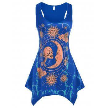 

Plus Size Sun Star Moon Skull Print Asymmetrical-hem Tank Top, Blue