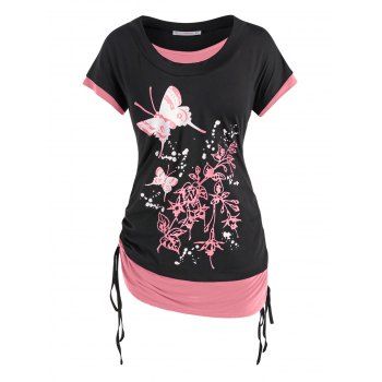 

Plus Size Cinched Butterfly Floral Faux Twinset Tee, Light pink