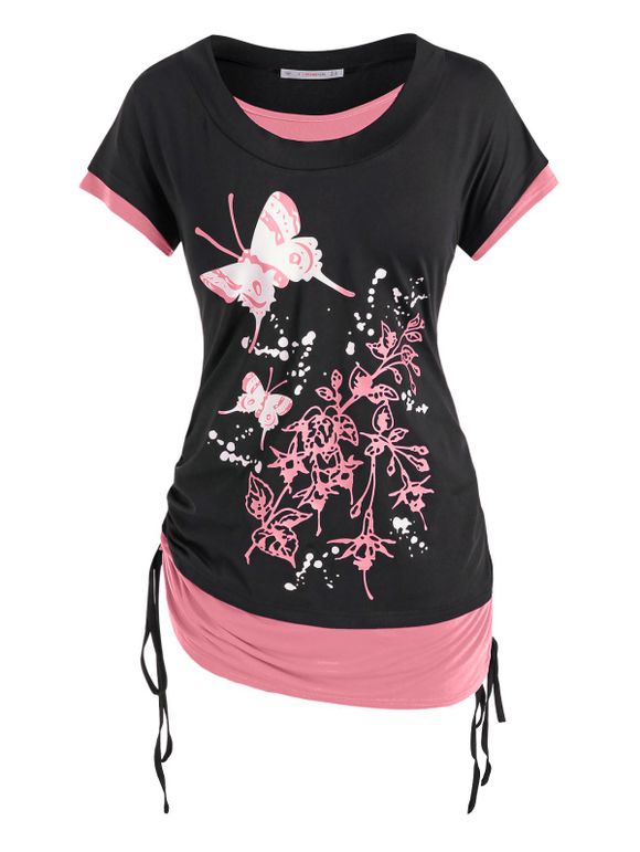 T-shirt Papillon Fleuri de Grande Taille Fausse Deux Pièces - Rose clair 5X