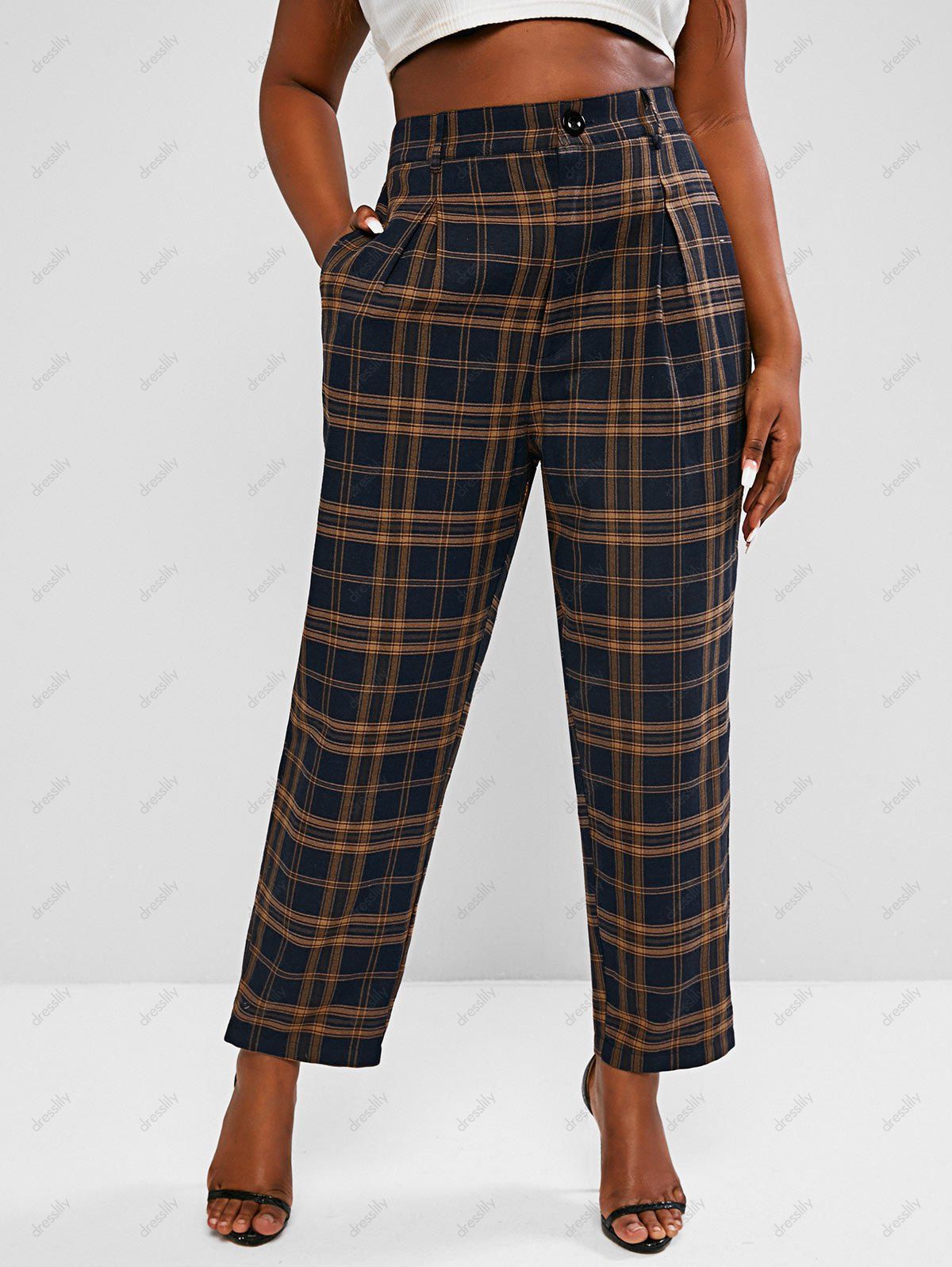 plaid tapered pants women's