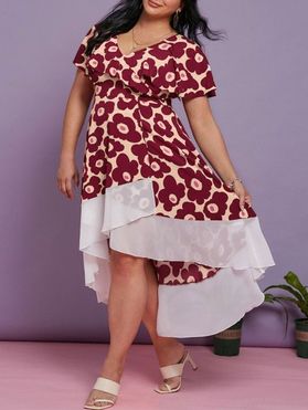 Plus Size Floral Print Ruffle High Low Maxi Dress