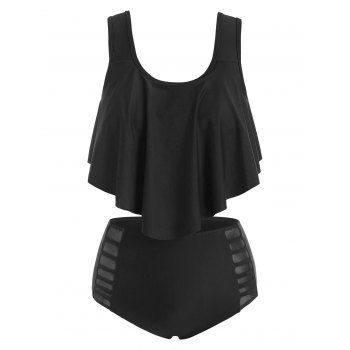 

Flounce Overlay Mesh Insert Tankini Swimwear, Black