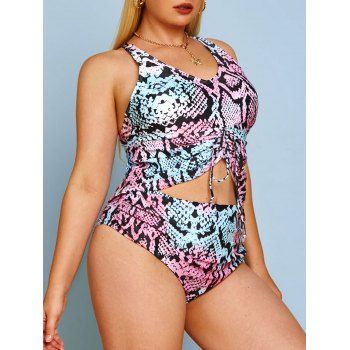 

Plus Size Snake Print Ruched Crisscross Back Tankini Swimwear, Light purple