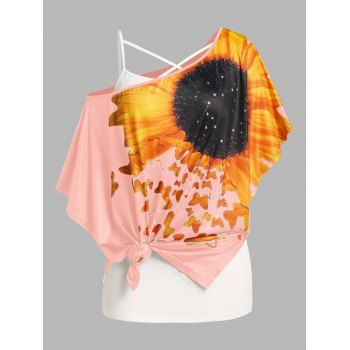 

Plus Size Sunflower Print Batwing Sleeve Tee and Camisole Set, Light pink