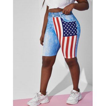 

Plus Size High Waist American Flag Print Shorts, Light blue