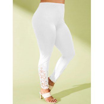 

Plus Size Flower Applique Panel High Rise Leggings, White