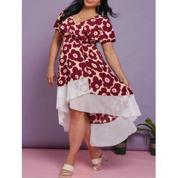 

Plus Size Floral Print Ruffle High Low Maxi Dress, Deep red