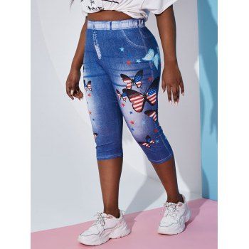 

Plus Size American Flag Butterfly 3D Jean Print Jeggings, Blue