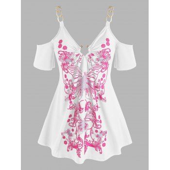 

Plus Size Cinched Cold Shoulder Chains T Shirt, White