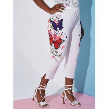

Plus Size Butterfly Flower Print Slit Capri Leggings, White