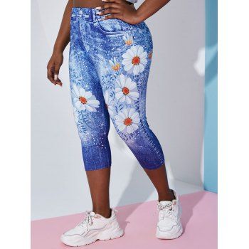 

Plus Size Daisy 3D Print Crop Jeggings, Blue