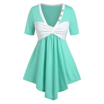 

Plus Size Two Tone Ruched Buttons T Shirt, Green