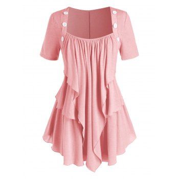 

Plus Size Layered Draped Mock Button Short Sleeve Tee, Light pink