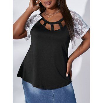 

Plus Size Contrast Lace Sleeve Cutout T-shirt, Black