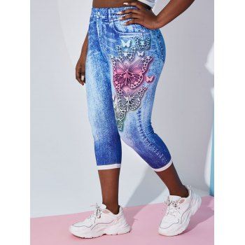 

Plus Size 3D Denim Butterfly Print Jeggings, Light blue