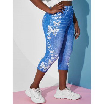 

Plus Size Butterfly Print 3D Denim Cropped Jeggings, Light blue