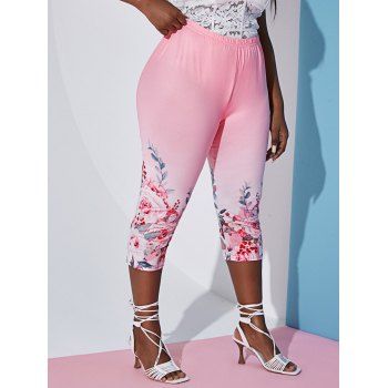 

Plus Size Floral Print Ombre Color Capri Leggings, Light pink