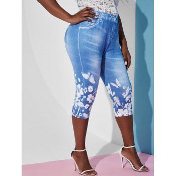 

Plus Size Butterfly 3D Jean Print Cropped Jeggings, Light blue